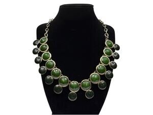 Chunky Dark Green Acrylic Cabochon Gold Tone Statement Bib Necklace Fashion 21"